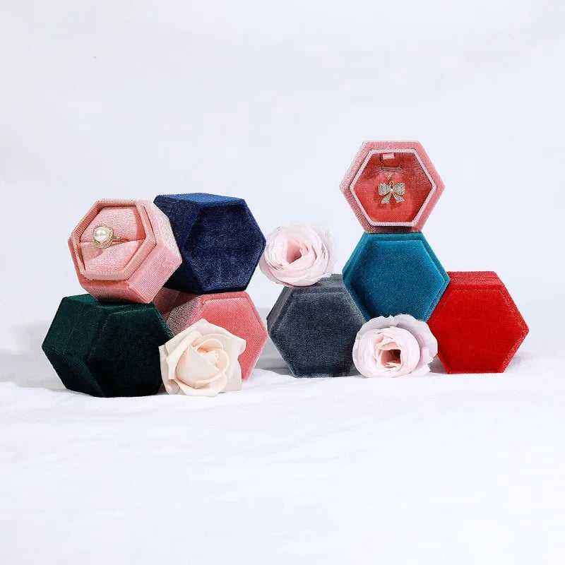 Fancy Hexagonal Jewelry Box Korean Velvet Ring Necklace Earrings Jewelry Box Packaging Decorative Storage Box Wholesale