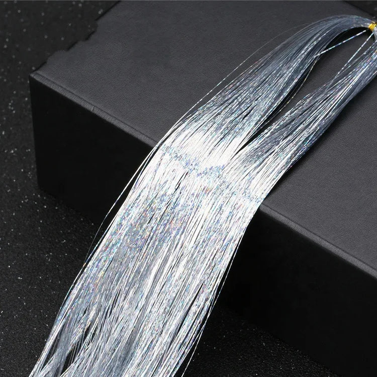 Synthetic Hair Tinsel Strands Kit Tinsel Hair Extensions with Silicone Link Rings (1200 Strands Silver+Beige) for Women & Girls