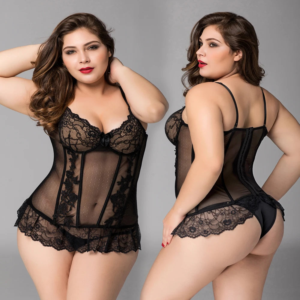 Plus Size Women Sexy Seductive Slimming Body Lingerie Lace Corset Bustier Tops With Thongs