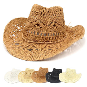 OEM Breathable Custom Logo Wide Brim Hand Woven Braid Floppy Fedora Cap Summer Hollow Out Woven Roll up Cowboy Straw Hat
