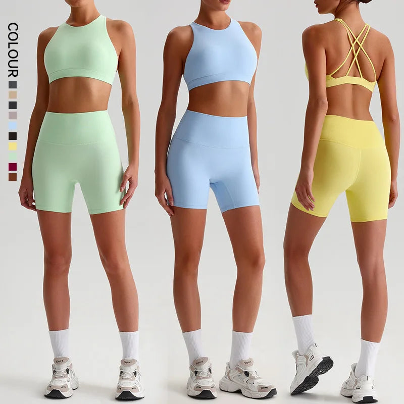 SHINBENE Hi Cloud Women 2 Piece High Waist Gym Fitness Set Outfits Biker Shorts Workout Yoga Sets