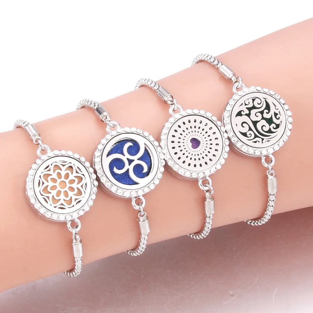 Diamond Zircon Stainless Steel Hollow Aromatherapy Essential Oil Adjustable Eco-friendly Unisex Perfume Bracelet Tree Life