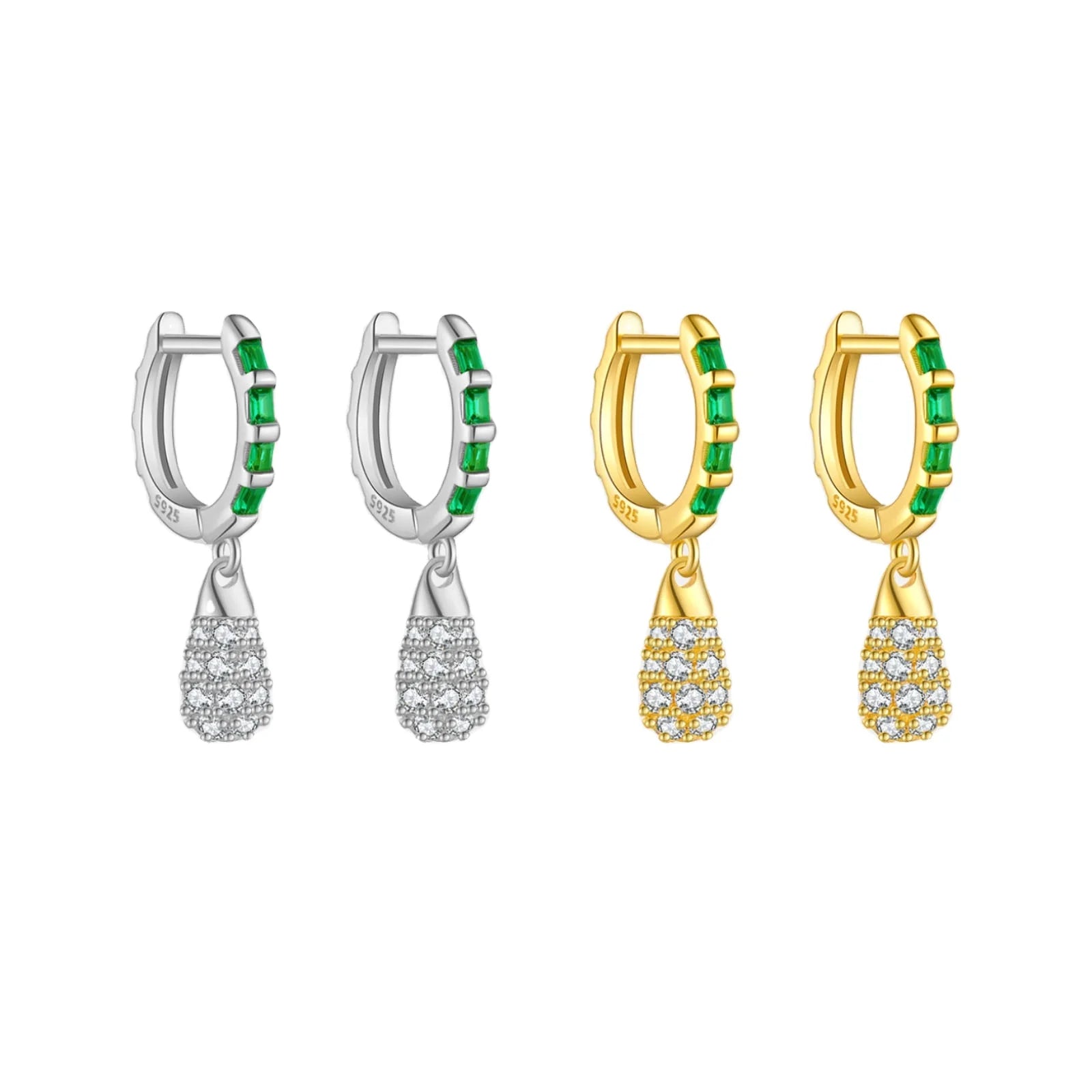 FUAMAY 18K Gold  925 Silver Baguette Drop Earrings with Pave Lava Green Fine Aretes Para Nina Rhodium Plated Earrings