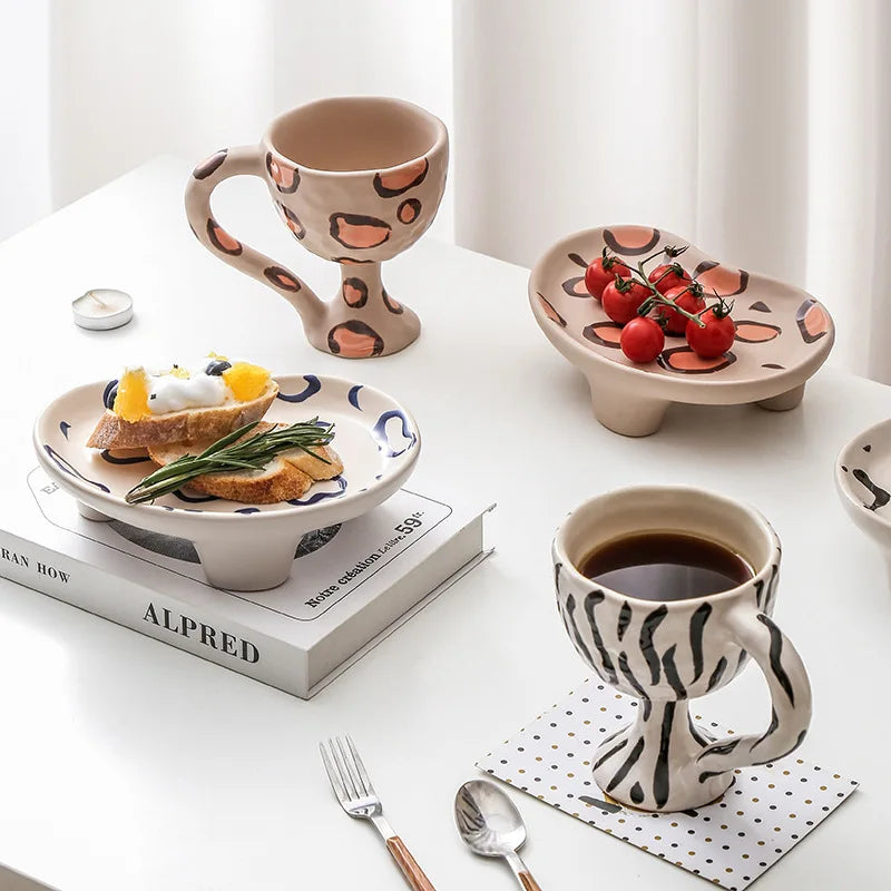 Solhui Handmade Retro Ceramic Irregular Shaped Storage Tray Trinket Creative Splash-ink Dessert Cake Plates