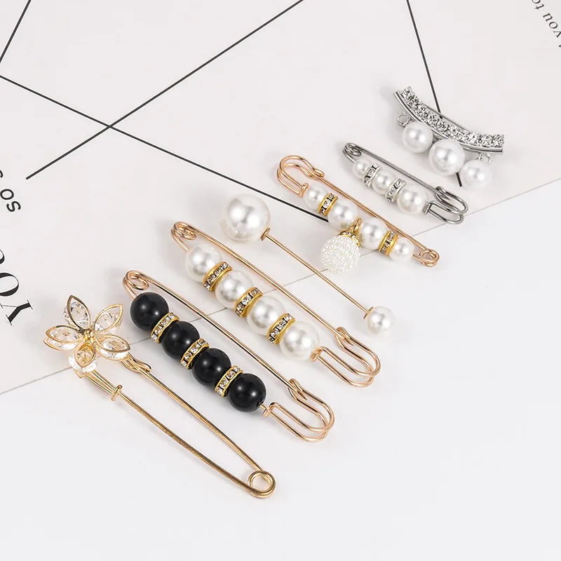 Jachon Retro Pearl Brooch Pins Crystal Cardigan Collar Clip Small Waist Pin Fixed Clothes Brooch Sweater Shawl Clips