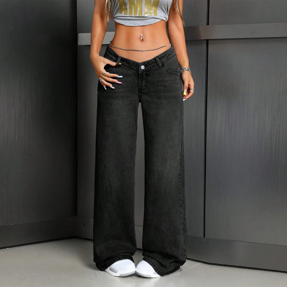 Lady's Loose-Fitting Breathable Denim Baggy Pants Casual Jeans Low Waist Wide Leg Summer Hole Rivet Simple Fashion Element