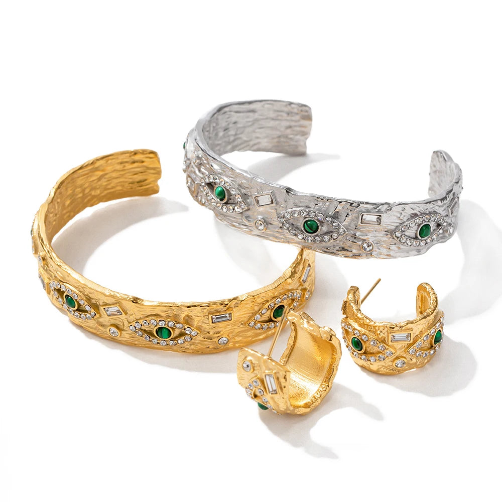 Vintage Gold Plated Round Green Natural Stone Malachine Eye Design Stainless Steel Bracelet for Women