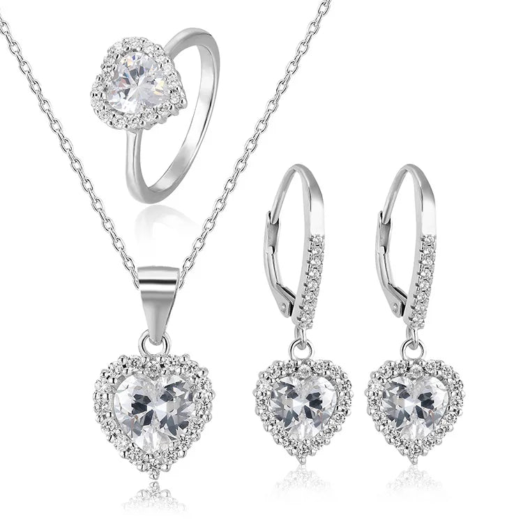 Elegant 925 Sterling Silver Jewelry Set Aaa Cubic Zirconia Rhodium & Gold Plating Love Heart Bridal Jewelry