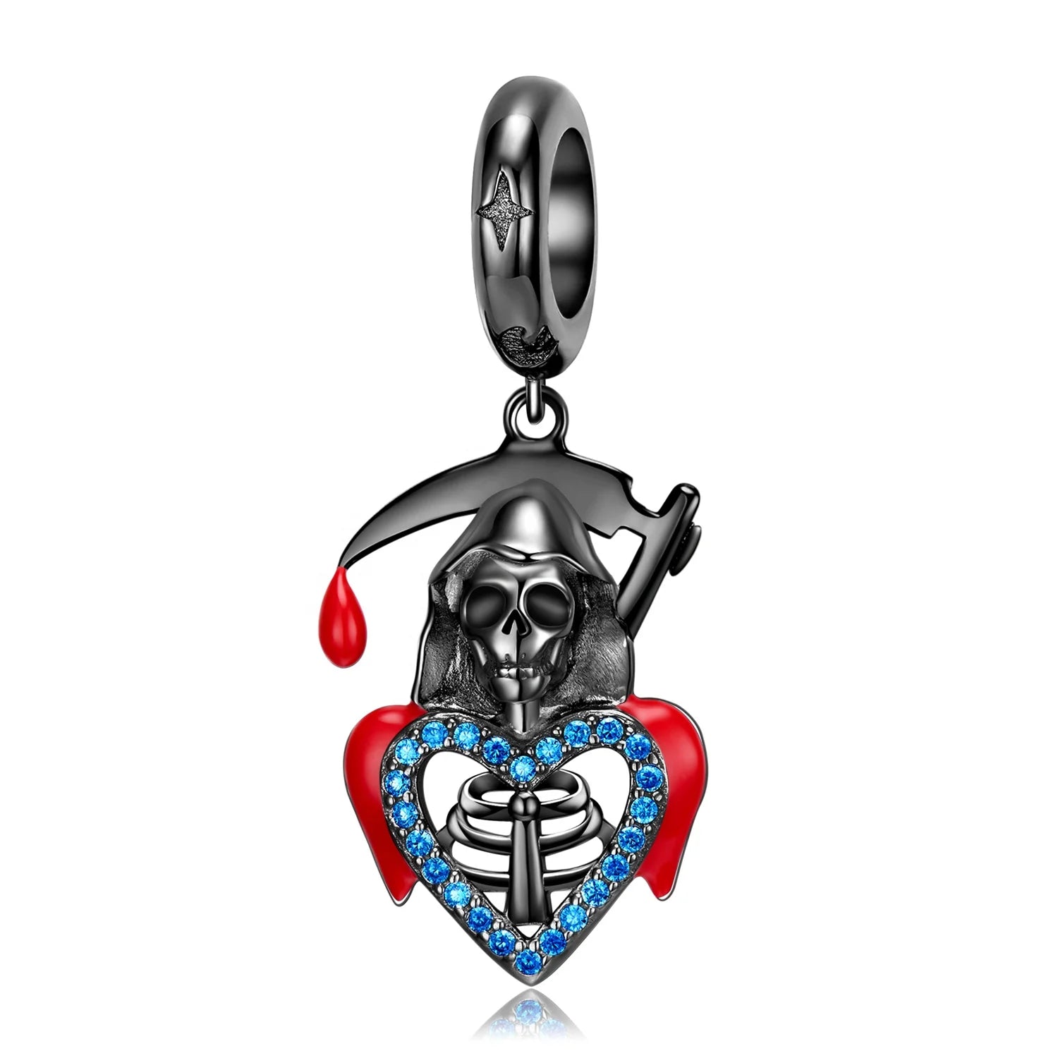 Scythe Skeleton Skull Charm Pendant Authentic 925 Sterling Silver CZ Beads Heart Shape for Women Fine Jewelry Charm Bracelets