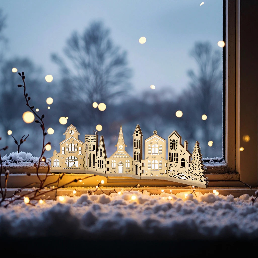 Christmas Wooden Decorations Custom Laser Cut Wood Christmas Village Stand Scene for Stove Light Decor