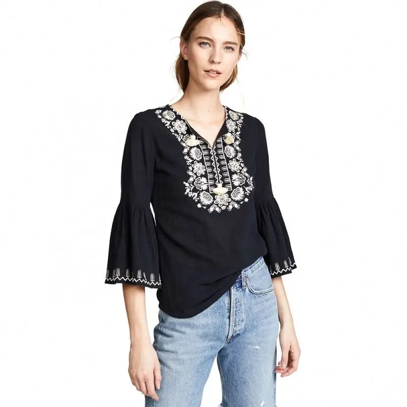 Women's Plus Size Casual Black Blouse Tops V-Neck 3/4 Sleeves Vintage Embroidered Solid Pattern for Autumn Season