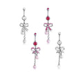 316L Stainless Steel Dangling Chain Bow Navel Button Ring Long Tassel Bowknot Belly Ring Body Piercing Jewelry