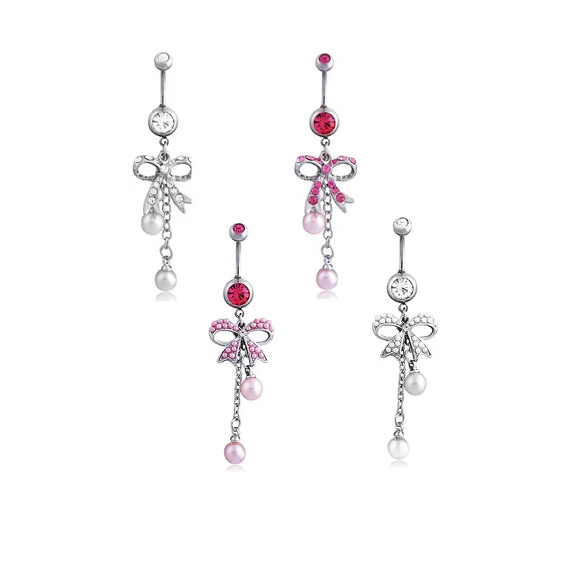 316L Stainless Steel Dangling Chain Bow Navel Button Ring Long Tassel Bowknot Belly Ring Body Piercing Jewelry