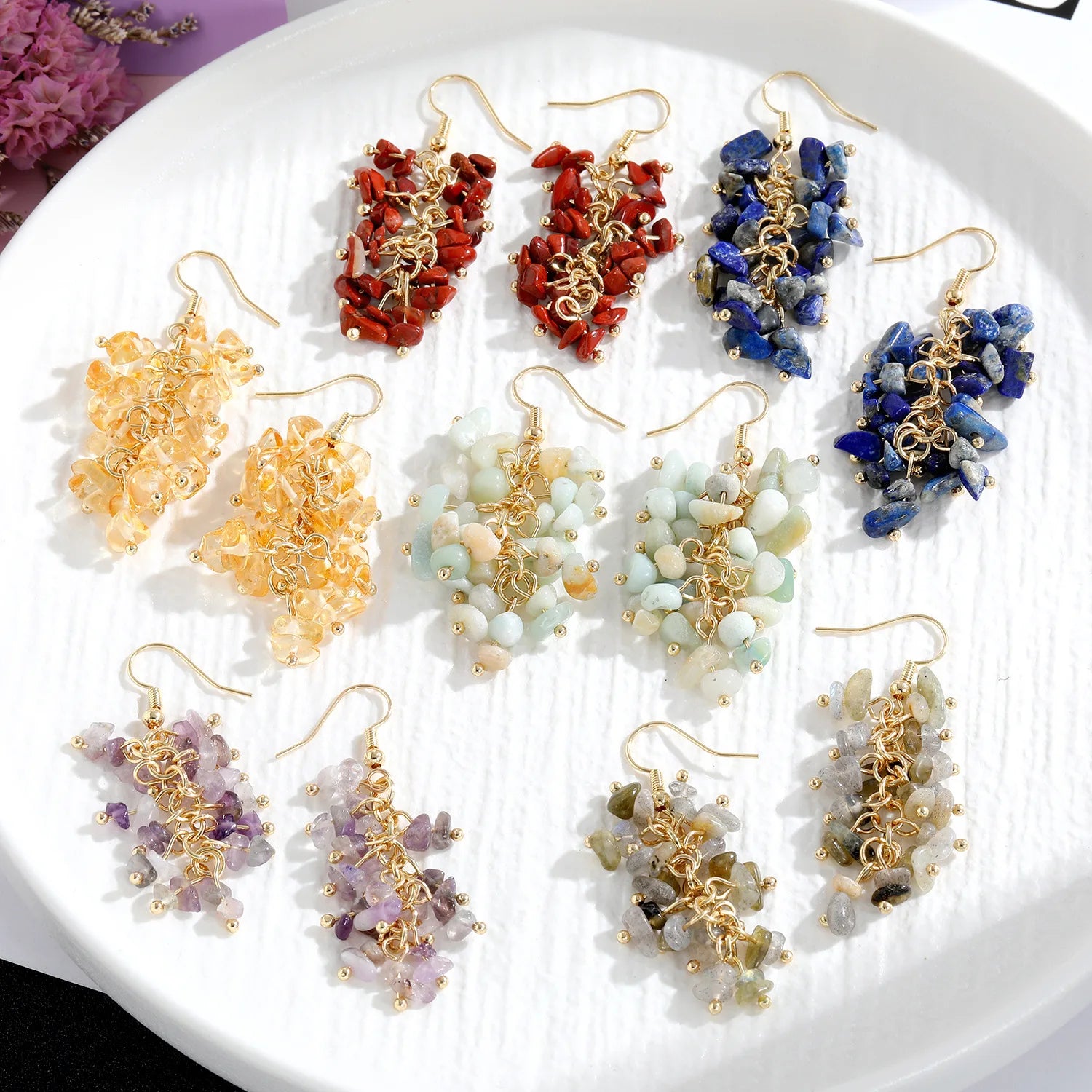 High Quality Handmade Earrings Colorful Natural Stone Irregular Bead Pendant Earrings Wholesale