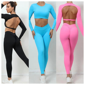 Women's Sports Long Sleeve and Leggings Quick Dried Backless Yoga Top and Leggings Outdoor Running Backless Fitness Sets