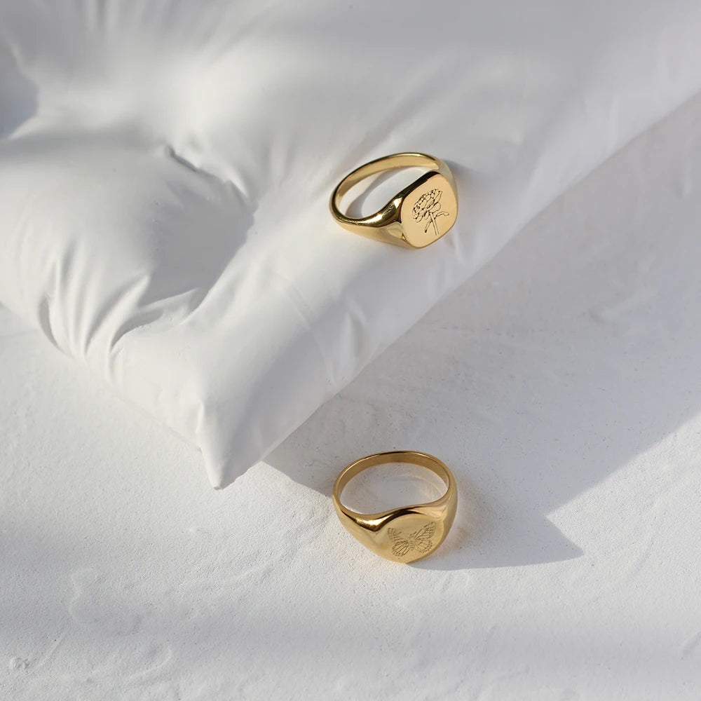 Customize Engrave logo Name Flower Rose Animal butterfly Signet Ring for Women