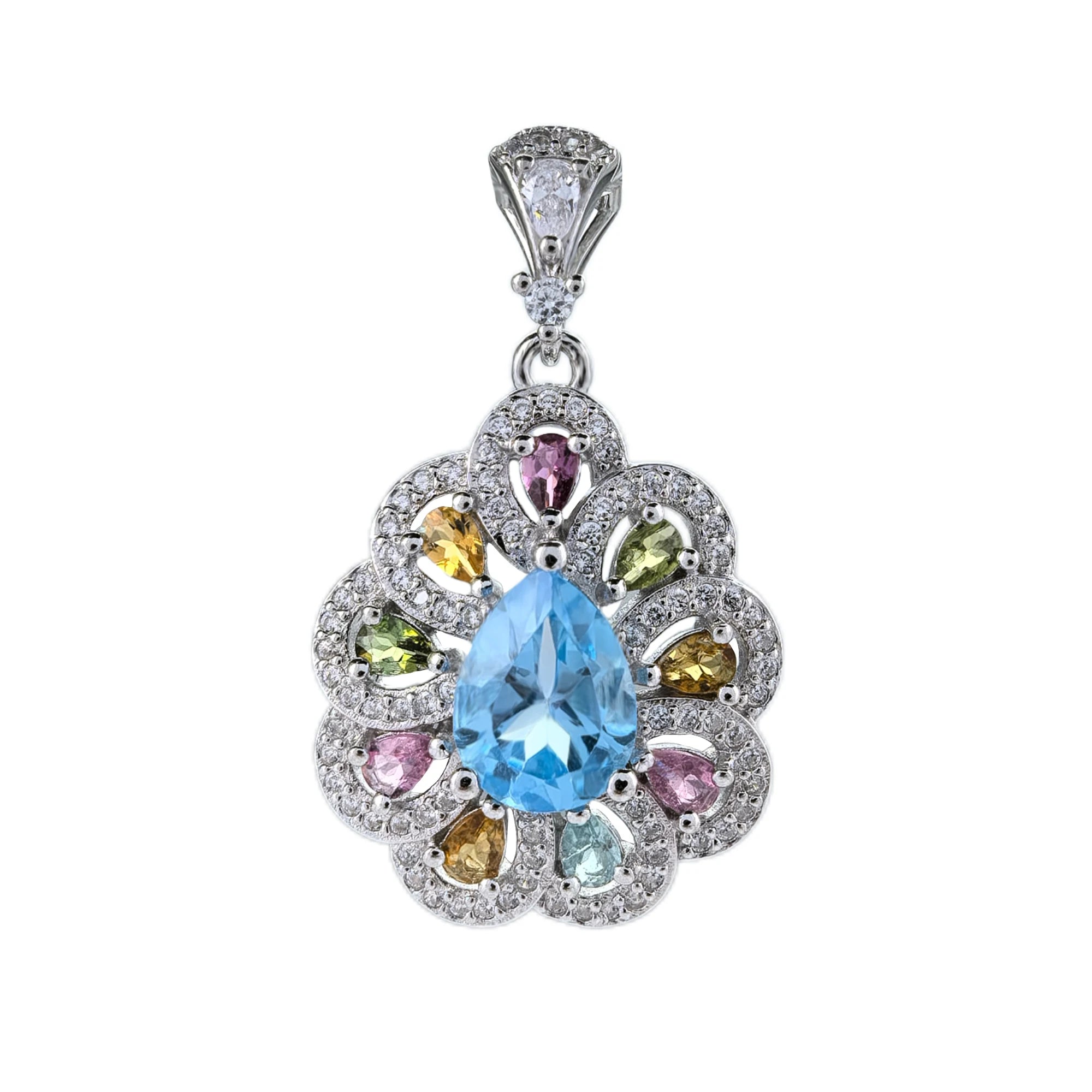 Gorgeous Rhodium Plated 925 Silver Jewelry Natural Swiss Blue Topaz Flower Pendant for Women Birthday Gift