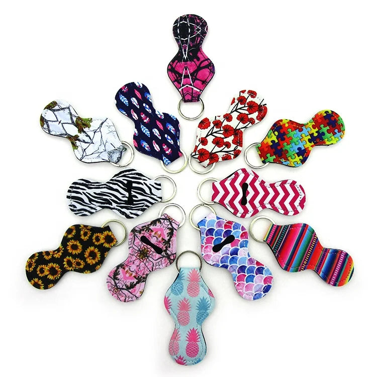 Factory Wholesale Cheap Neoprene Sublimation Chapstick Holder Keychain Lip Balm Lip Gloss Holder Keychain