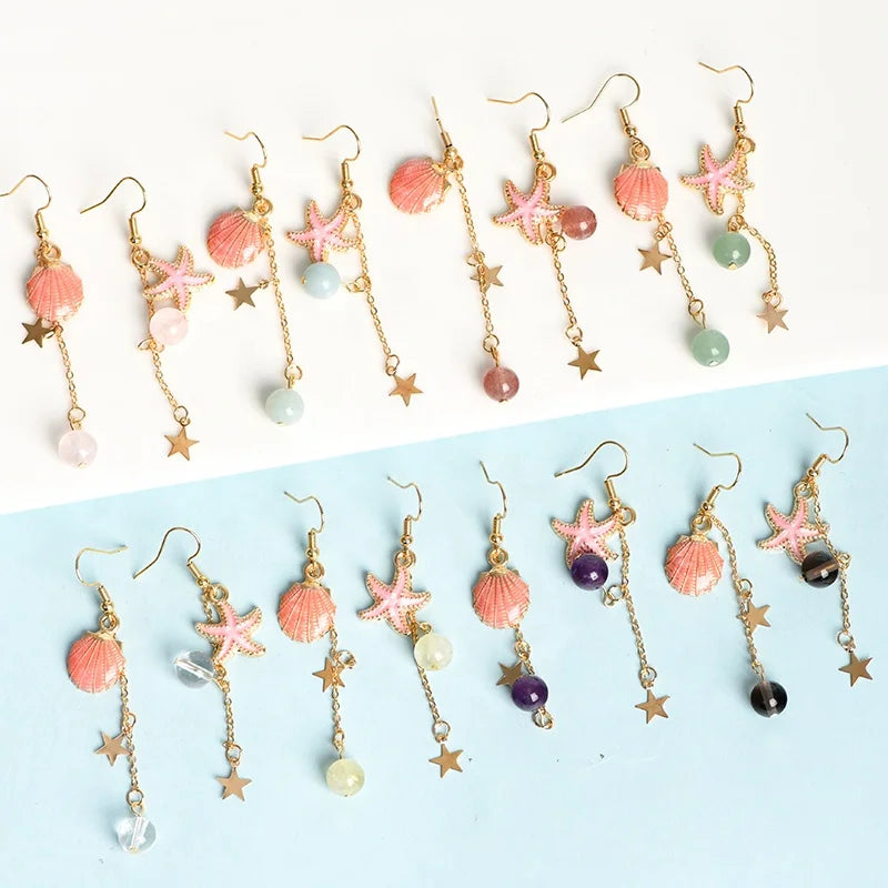 New Arrivals Healing Jewelry Rose Quartz Bead Earrings Crystal Pearl Starfish Earrings