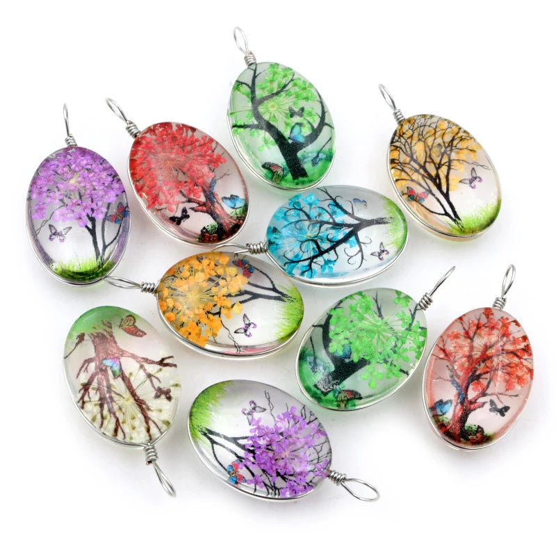 5pcs 34x18mm Flower Glass Pendant Charms Jewelry Crystal Oval Glass Real Dried Flower Heart Necklace Pendant Necklaces for Women