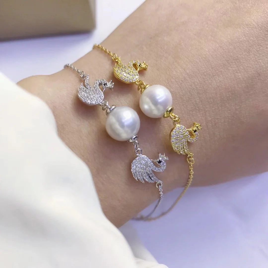 B401 8-9mm 925 Sterling Silver Gold Plated Wholesale Freshwater Pearl Charm Bracelet  Bangle Fancy Jewelry for Women