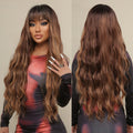 Immediate Delivery From Stock Synthetic Long Brown Golden Curly Wave Wigs With Bangs for Women Chocolate Brown