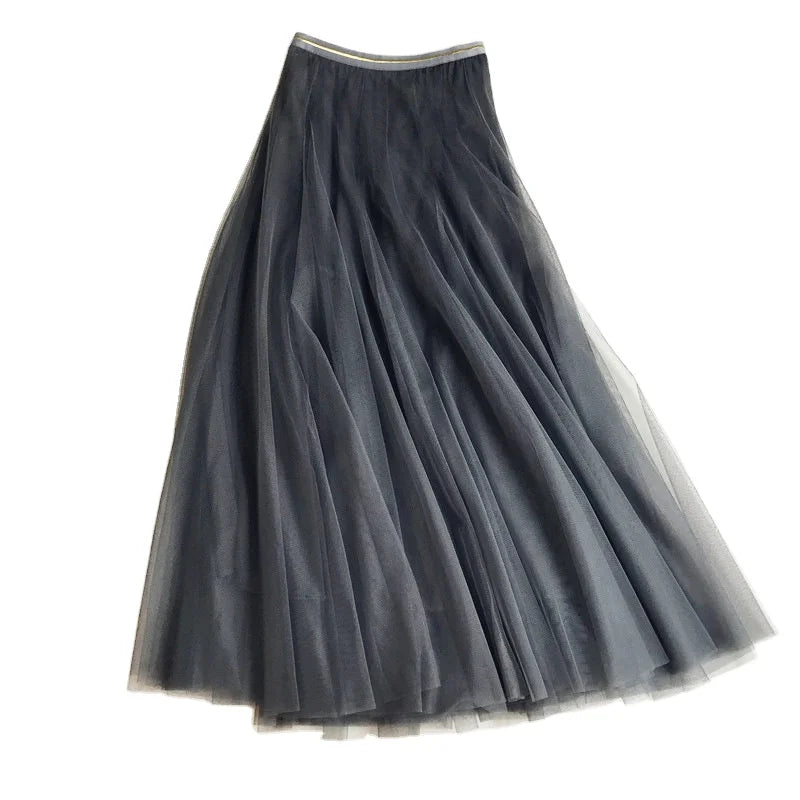 2024 Summer Chic Long Maxi Tulle Skirt for Women Solid High Waist A-Line Pleated Skirt Natural Casual for Holiday Beach