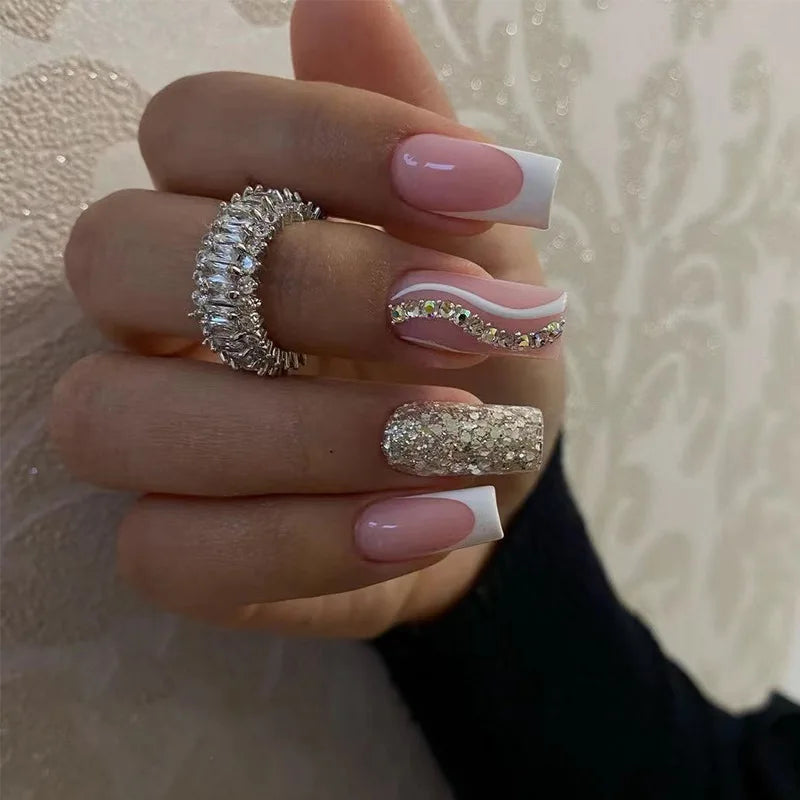 French Artificial Fingernails Wholesale Gold Glitter Wave Press on Nails Gel Fake Nails False Nails for Ladies