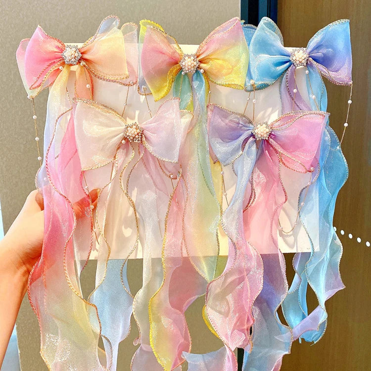 Popular Kids Hair Accessories Long Streamer Princess Gradients Organza Big Bow Hairpin for Hair Decoration