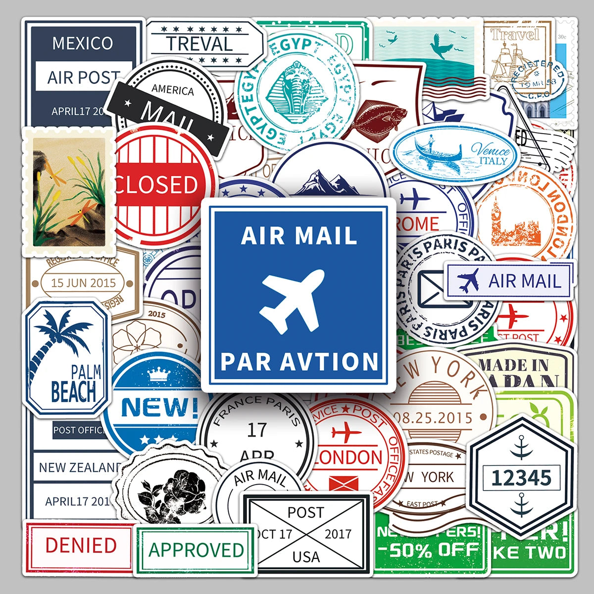 59PCS Origin Wholesale Excellent Quality Personality Trend Fun Vintage Postmark Stickers Mobile Phone case Scooter Wall Stickers