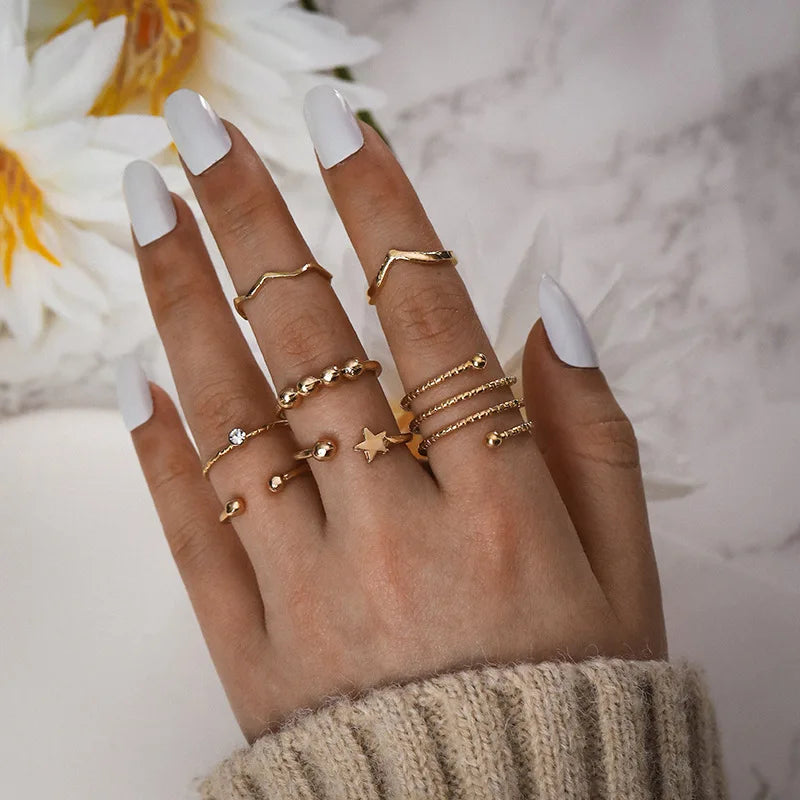 Bohemian Fashion Jewelry Gift Punk Cross Twisted Crystal Vintage Metal Gold Wide Knuckle Finger Ring Set For Women