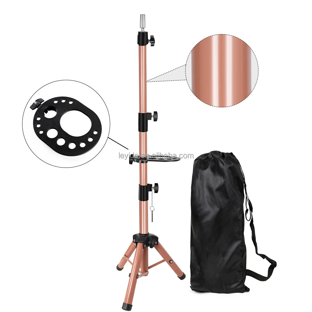 AliLeader Black Pink Coffee Gold Black Color Optional Telescopic Stainless Steel Mannequin Head Wig Tripod Stand for Wigs Making