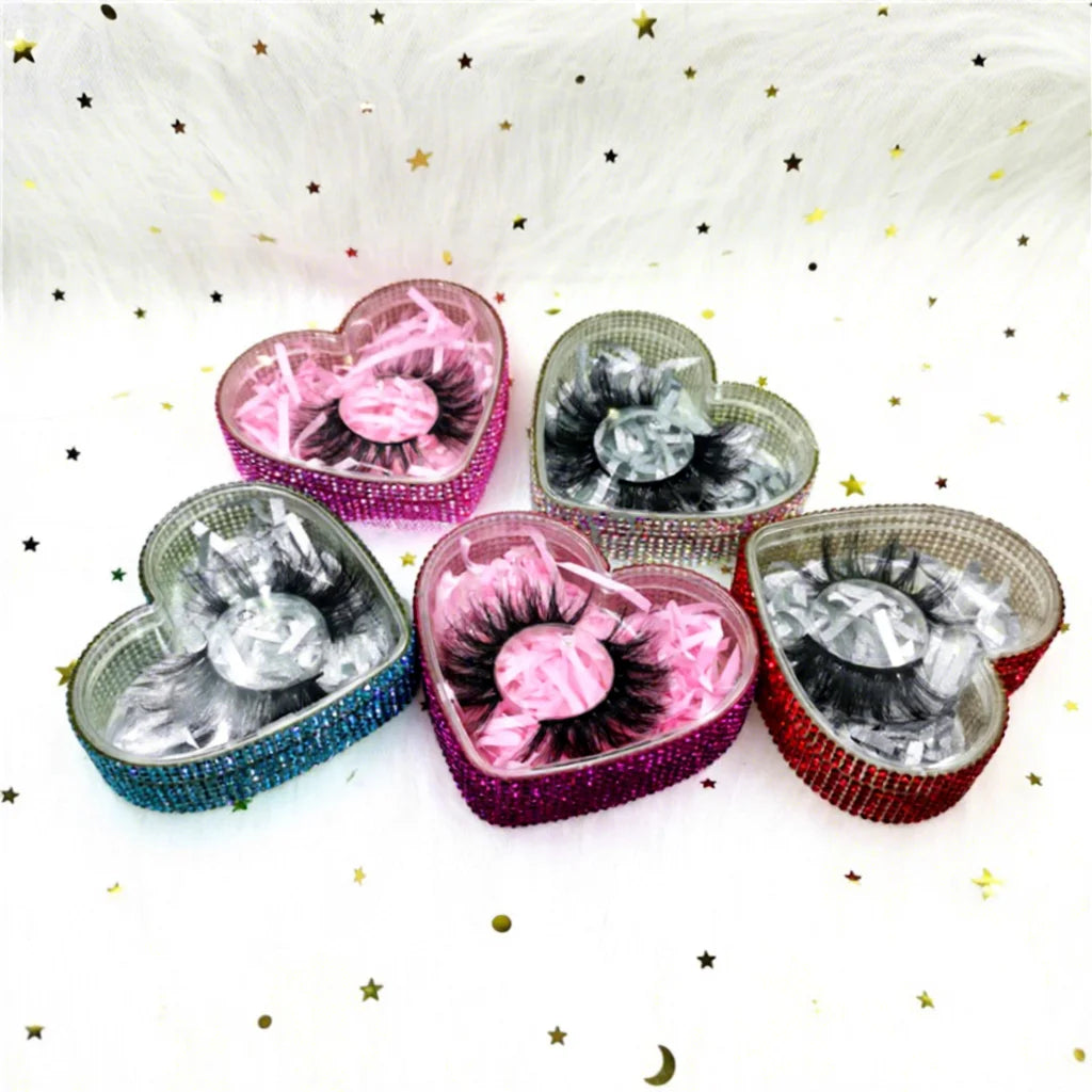 Custom Logo Printed Valentine's Day Eyelash Packaging Box Glitter Heart Shape Lashbox Private Label Bling Glitter Lashes Boxes
