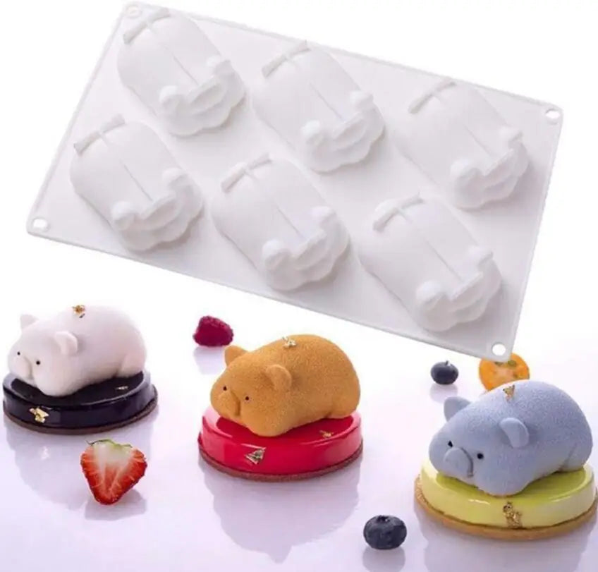 HY Silicone 3D 6 Cavity Cute Pig Cake Mold for Baking Mousse Chocolate Sponge Moulds Pans Cake Decorating Tools Mould