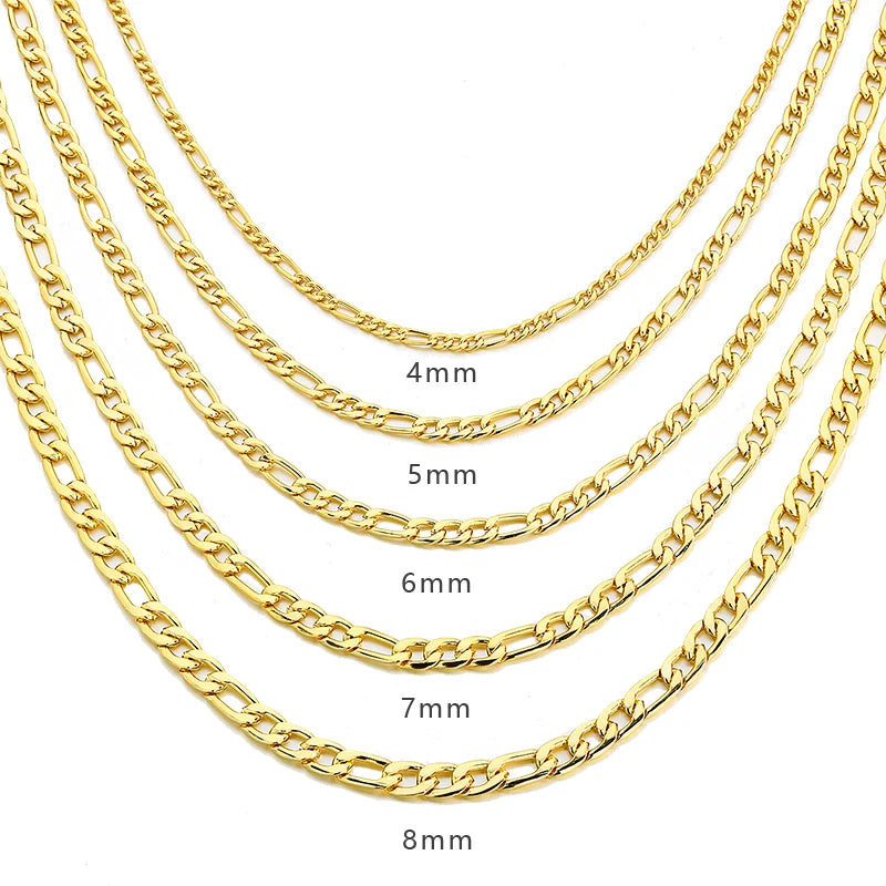 Wholesale Custom Jewelry 4mm-8mm Men's and Women's Necklaces Chain 18k Gold Plated Filled Stainless Steel Thick Nk Figaro Chain
