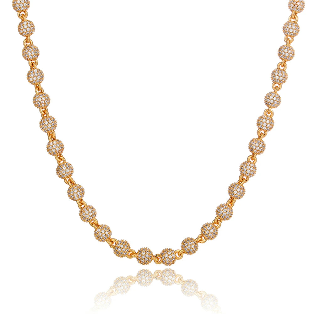 Hip Hop Style 6MM Bead Ball Choker Necklace Gold with round AAA+ CZ Stones Cubic Zirconia Bling Iced out Neckpiece Jewelry