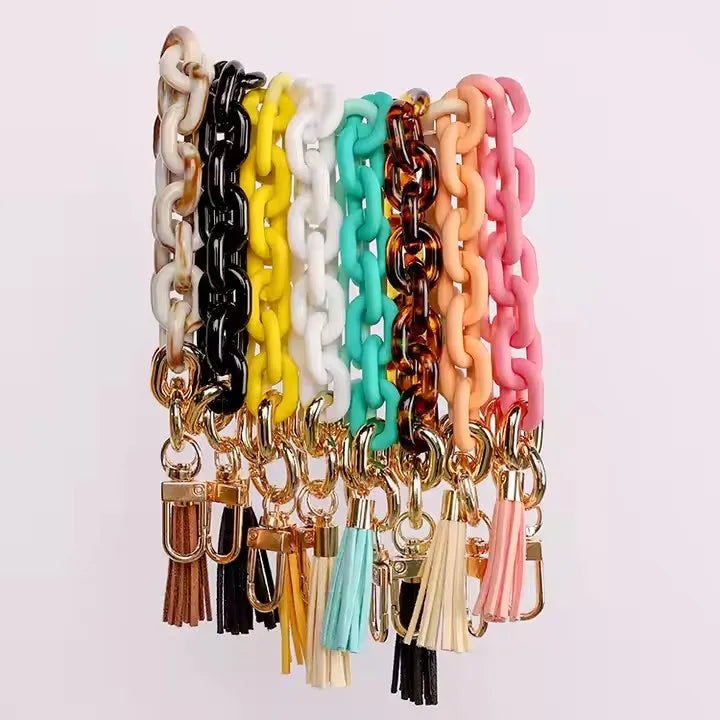 Mixed Color Trendy Chunky Colorful Acrylic Resin Bracelet Chain Link Wristlet Keychain Leather Tassel for Women