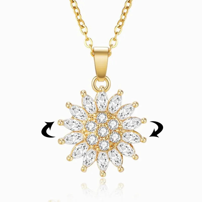 Tiktok Hot CZ Stone Stainless Steel Spinning Rotating Sunflower Necklace