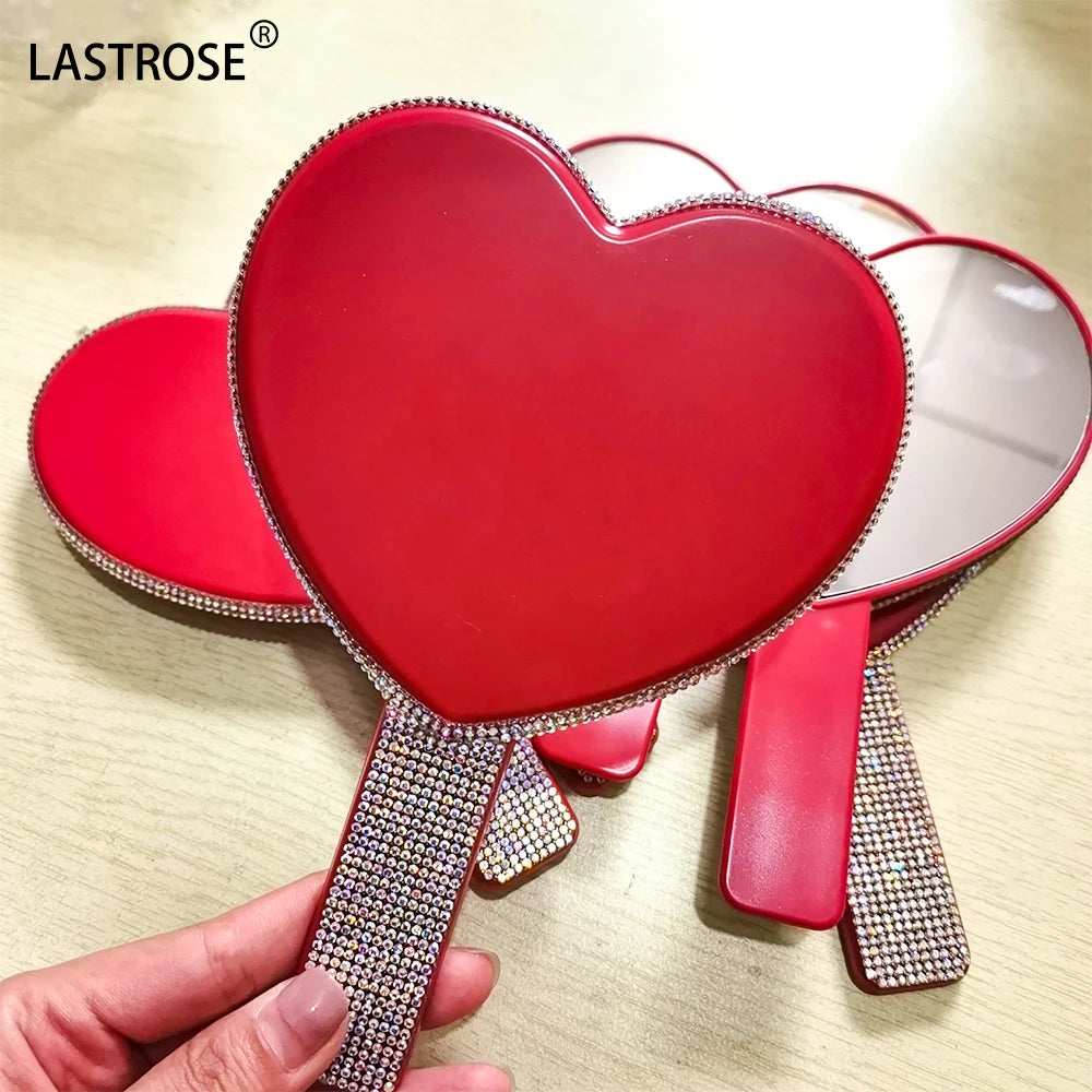 Red Makeup Mirror Heart Shape Hand Mirror With Rhinestone Private Label Mirrors Hand