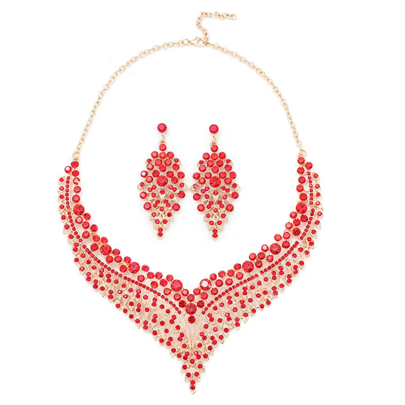 Temperament Fashion Luxury Wedding Jewelry Necklace Crystal Gem Rhinestone Pendant Necklace Earrings Sets for Women