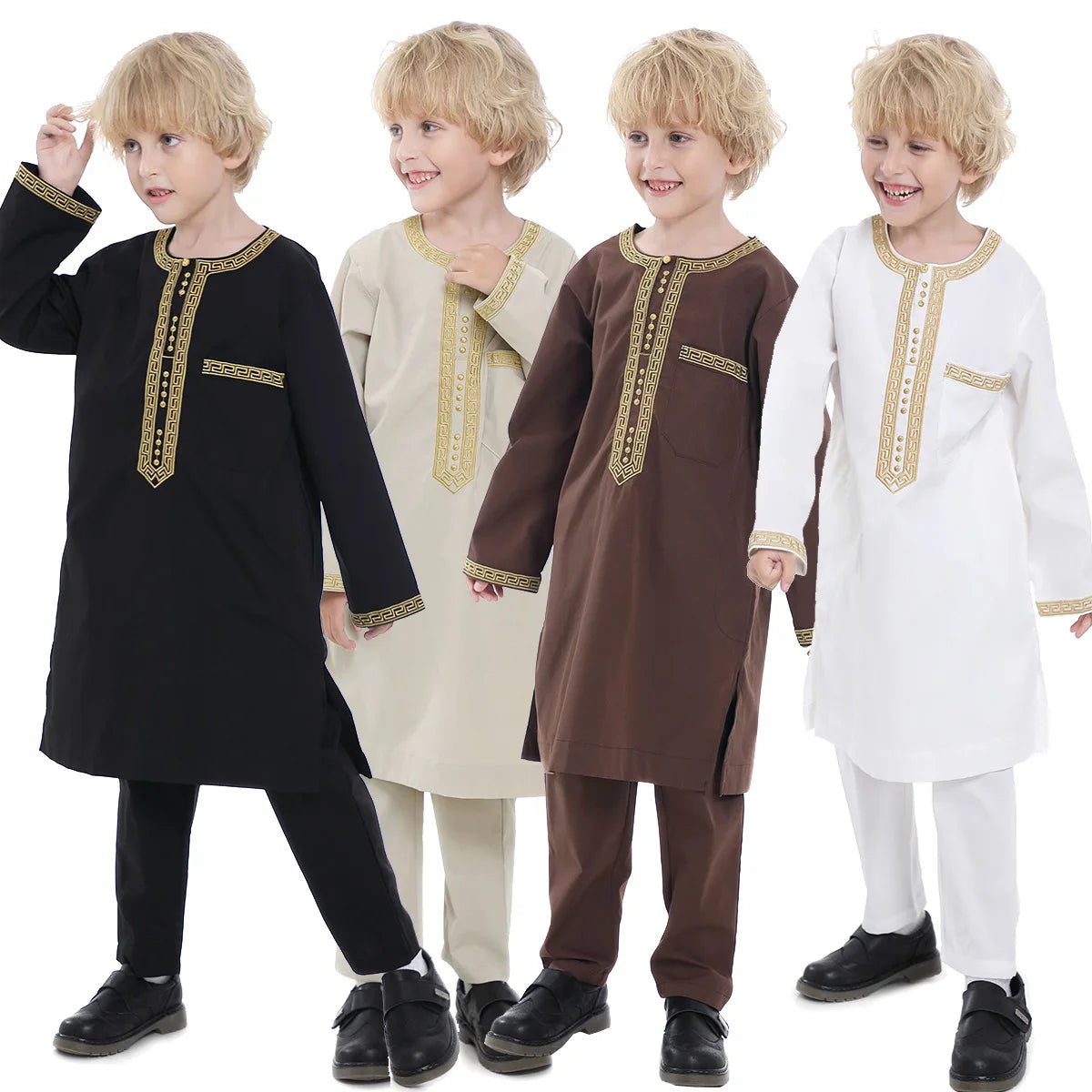 Boys Thobe for Kids Muslim Arab Islamic Kaftan Dress With Pants Outfit Youth Long Sleeve Robe Arabic Dubai Prayer Abayas