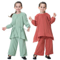 Hot Sale Girl Solid Color Top Loose Wide Leg Pants Suit Dress Middle East Dubai Muslim Kids Abaya Dresses Robe Set