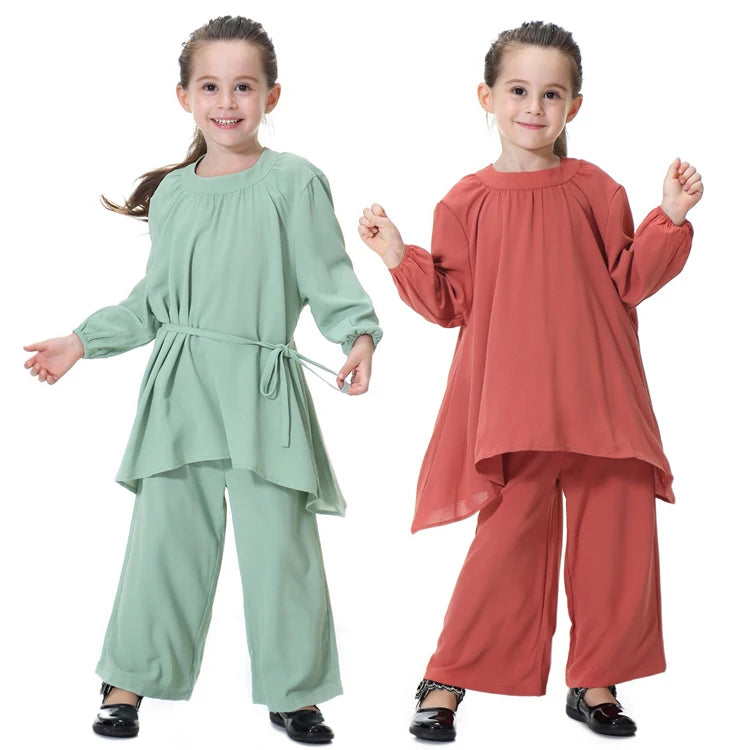Hot Sale Girl Solid Color Top Loose Wide Leg Pants Suit Dress Middle East Dubai Muslim Kids Abaya Dresses Robe Set