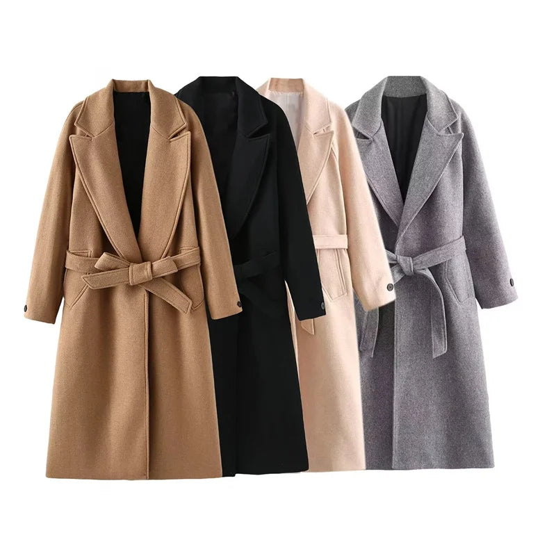 ZATRHMBM Winter Women's Assembly Belt Tweed Coat 2024 New Fashion Casual Loose Long Overcoat Elegant Women's Waisted Outerwear