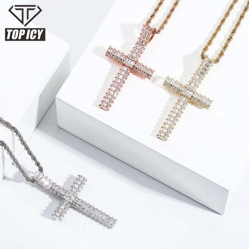 Hip Hop Jewelry Sterling Silver Long Chain Jesus Cross Pendant Rhinestone Crystal Full Diamond Pendant Men Jesus Cross Necklace