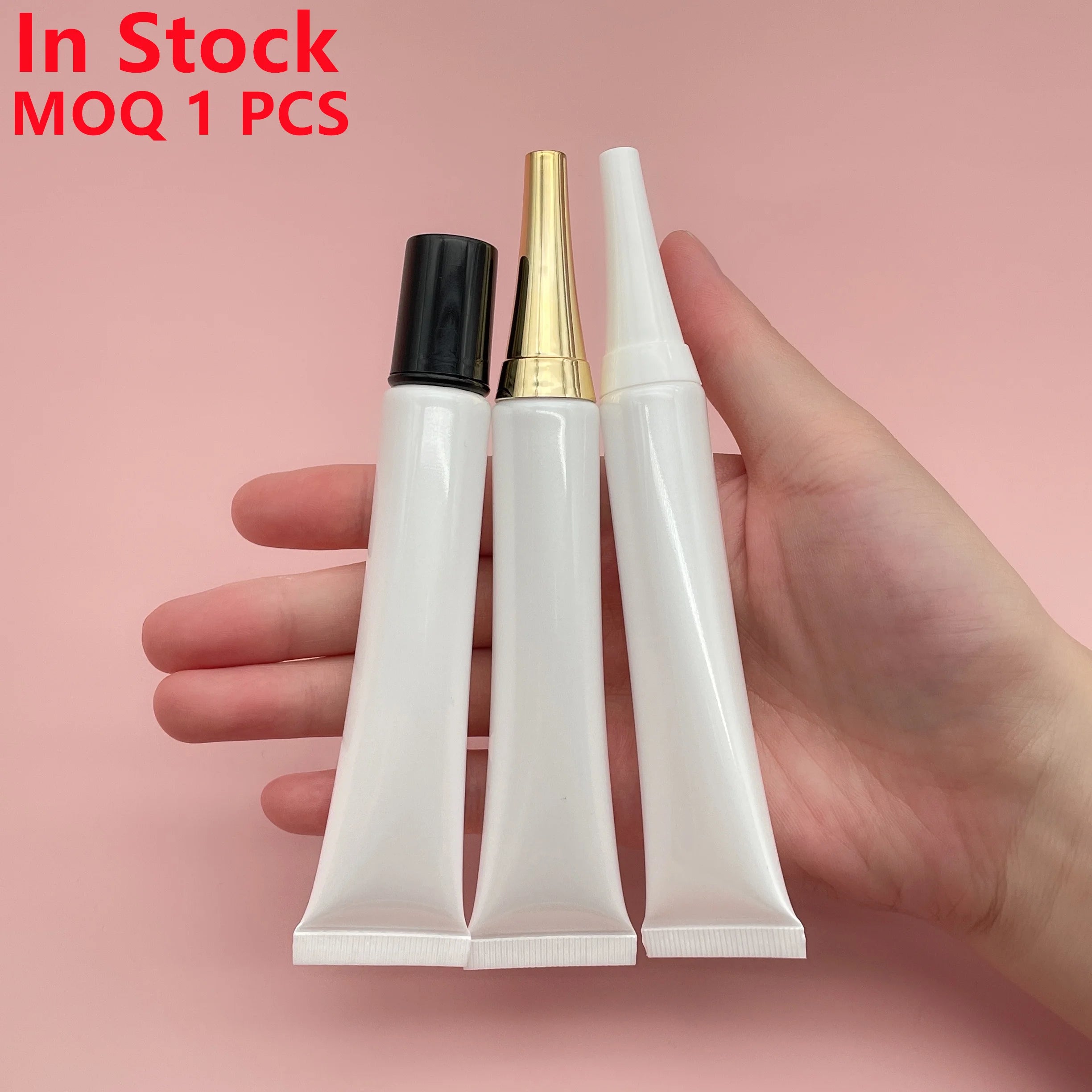 D19MM 3ml 10ml 0.5oz 20ml Custom Squeeze Soft Sample Plastic Long Nozzle Eye Serum Cream  White Pearl Tube with Plating Lid