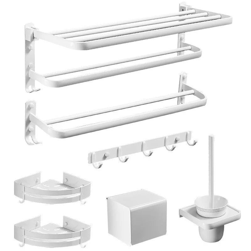 Aluminum Folding Storage Rack Hardware Accessories Set Matte White Towel Rack Shelf Toilet Brush Tissue Box Bathroom Products
