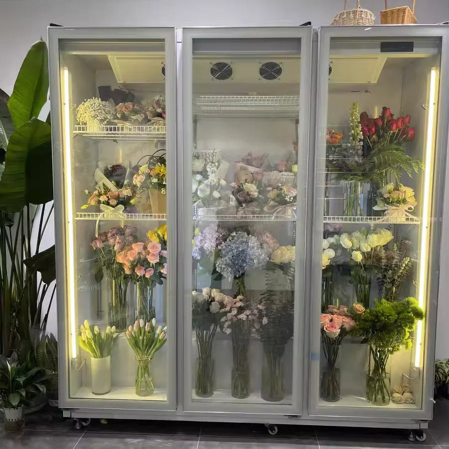 Hot Trends Single-temperature 1200L 2-10 Stainless Steel Air Cooling 3-Door Display Cooler Refrigerator for Fresh Flower Keeping