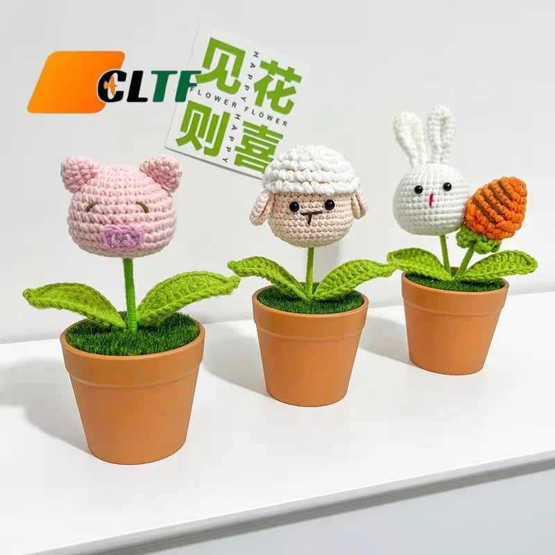 Handmade Mini Knitted Flowers Lovely Crochet Animal Sheep Pig Rabbit Potted Plant Graduation Teachers Day Gifts Crochet Flowers