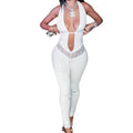 Top Fashion Chic Halter Deep V Neck Solid Color Bodycon Off Shoulder Sleeveless See Through Sexy Women Jumpsuits